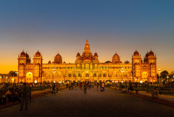 The Mysore Palace Illuminated at Night in Mysore in Southern India a Royal Residence