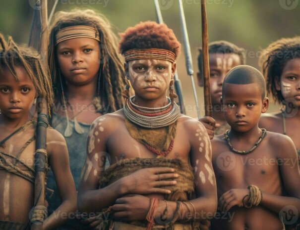 group-of-young-people-and-children-from-african-tribe-complete-with-cultural-tattoos-cosmetics-and-stone-wood-spear-weapons-ethnic-groups-in-africa-generative-ai-photo